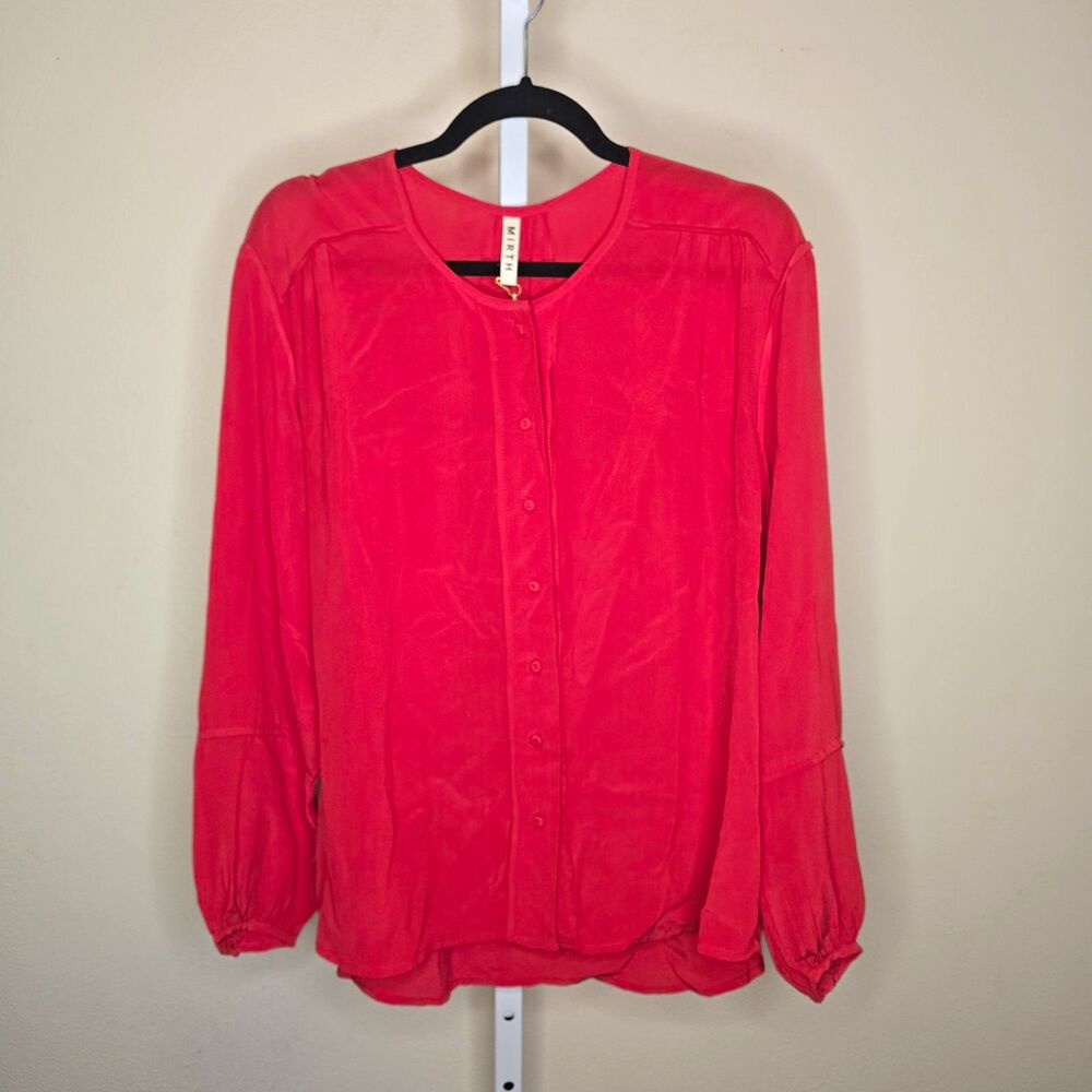Mirth Dakota Blouse Red Silk Chiffon Button Front Long Sleeve Round Neck Size M